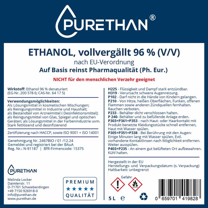 Ethanol vergällt kaufen – Ethanol & Desinfektionsmittel – Purethan stellt Premium Markenprodukte auf Basis reinst. Pharmaqualität (Ph.Eur.) her. Pharma Ethanol 96% (V/V) vergällt sowie Pharma Ethanol 99,8% (V/V) vergällt. Wir beliefern die verarbeitende Industrie sowie den Großhandel.