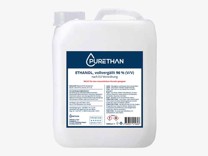 Ethanol vergällt kaufen – Ethanol & Desinfektionsmittel – Purethan stellt Premium Markenprodukte auf Basis reinst. Pharmaqualität (Ph.Eur.) her. Pharma Ethanol 96% (V/V) vergällt sowie Pharma Ethanol 99,8% (V/V) vergällt. Wir beliefern die verarbeitende Industrie sowie den Großhandel.