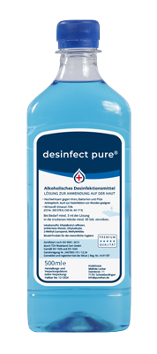 Händedesinfektionsmittel – desinfect pure® 500 ml ist ein Desinfektionsmittel für Hände, Haut & Flächen in Premium Qualität.