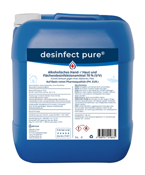 Händedesinfektionsmittel – desinfect pure® 5 Liter ist ein Desinfektionsmittel für Hände, Haut & Flächen in Premium Qualität.